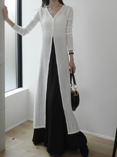 yNEWzcheck lace slit dress / white