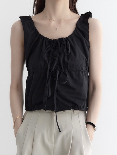 yNEWzdouble ribbon gather blouse / black