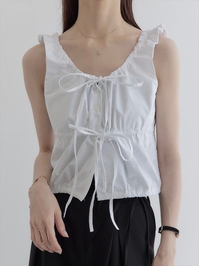 yNEWzdouble ribbon gather blouse / white