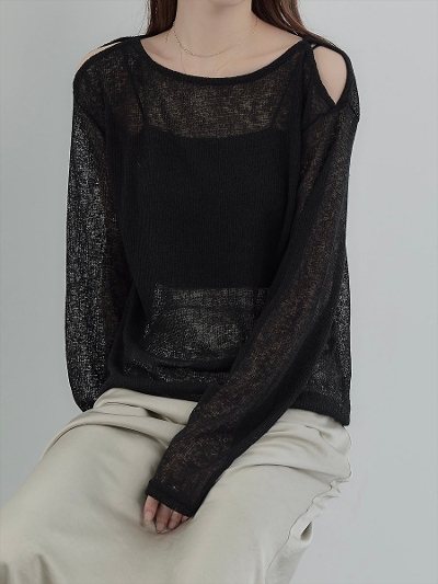 yNEWzopen shoulder sheer tops / black