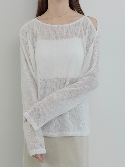 yNEWzopen shoulder sheer tops / white