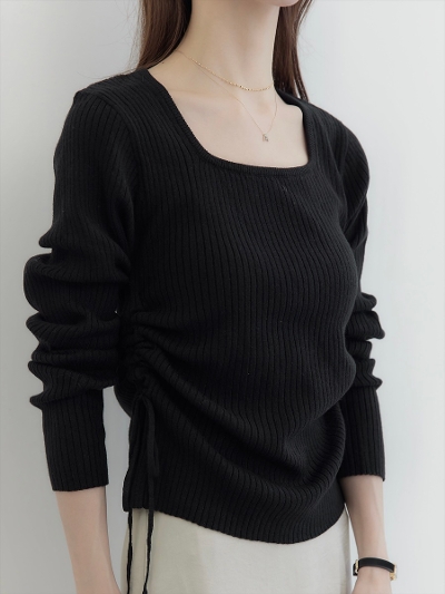 yNEWzside ribbon gather knit / black