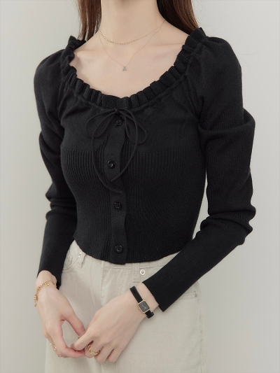 yNEWzribbon gather frill neck knit / black