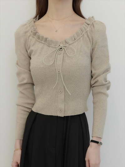 yNEWzribbon gather frill neck knit / beige