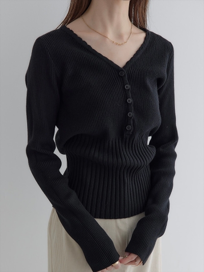 yRE ARRIVALzscallop v neck design knit / black