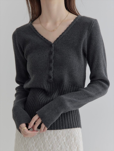 yRE ARRIVALzscallop v neck design knit / charcoal