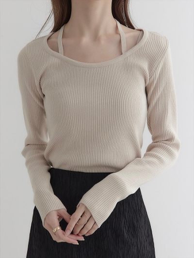 yNEWzribbon strap design rib knit / beige