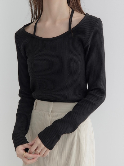 yNEWzribbon strap design rib knit / black