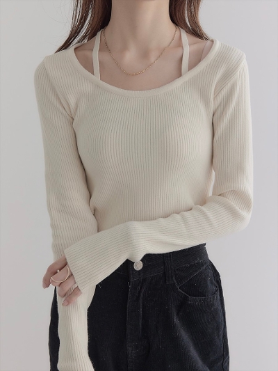 yNEWzribbon strap design rib knit / cream