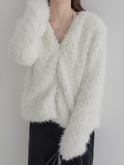 yNEWzeco fur volume cardigan / ivory