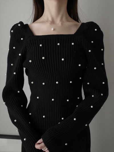 yNEWzpearl puff sleeve knit / black